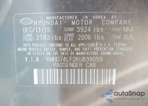 2019 Hyundai Elantra Se z USA, uszkodzony, nr VIN KMHD74LF2KU839059